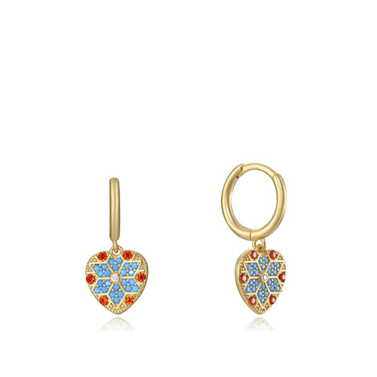 Gold hoop earrings with colorful heart-shaped pendants featuring mosaic design, suitable for ladies. Model: VICEROY JEWELS Mod. 13108E100-39.