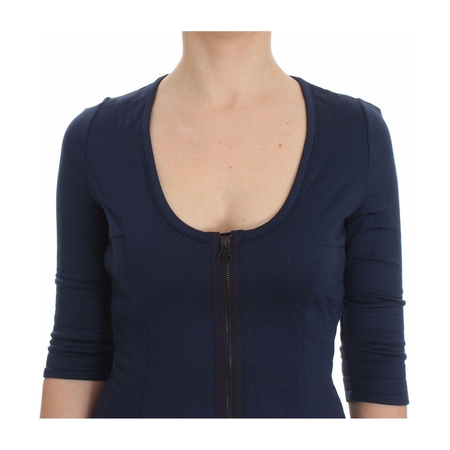 Exte Blue Cotton Top Zipper Deep Crew-neck Sweater Exte