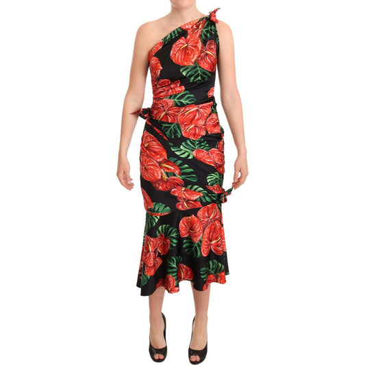 Dolce & Gabbana Black Shiny Silk Floral Print Draped Dress WOMAN DRESSES