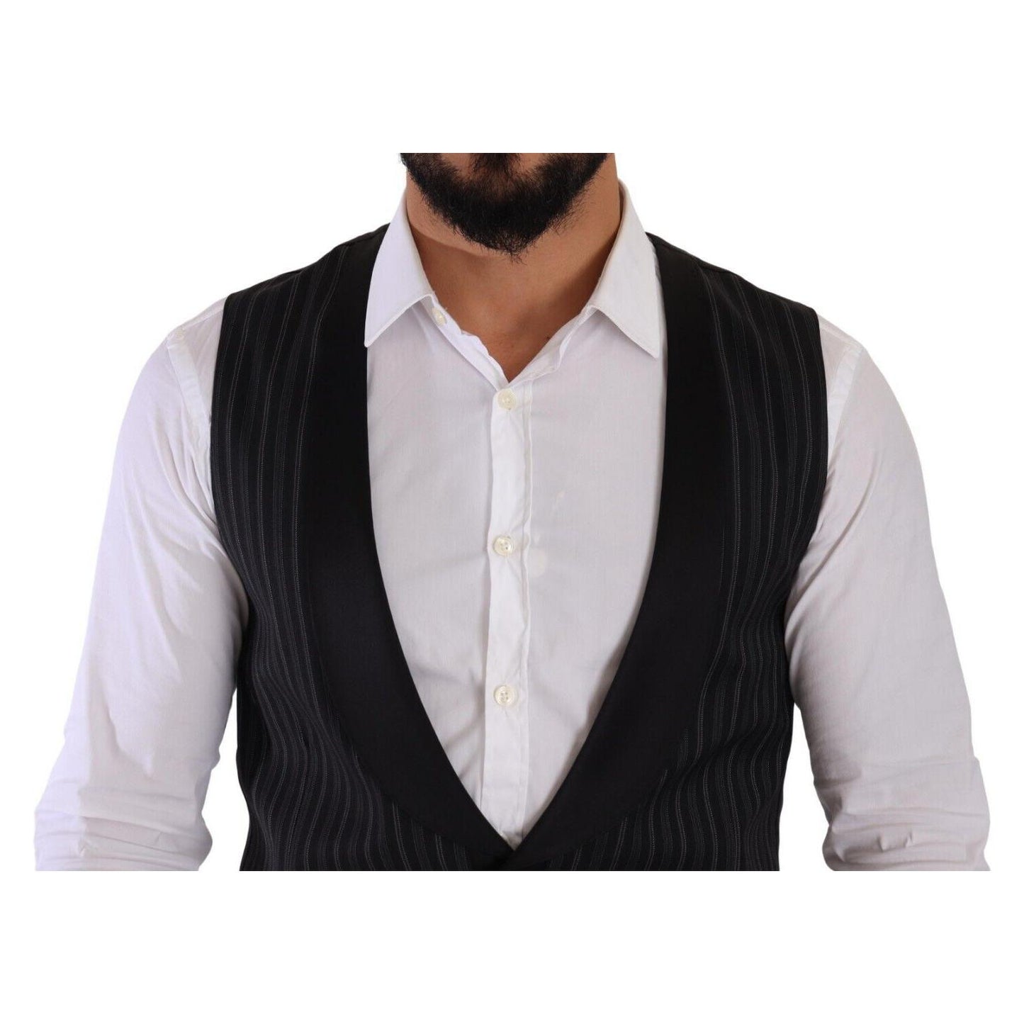 Dolce & Gabbana Black Striped Wool Silk Waistcoat Vest TSH7590 - 48