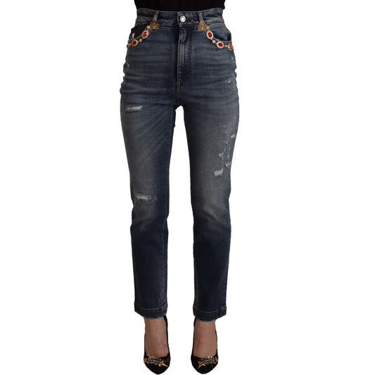 Dolce & Gabbana Blue Denim Crystal Embellished Pants Jeans