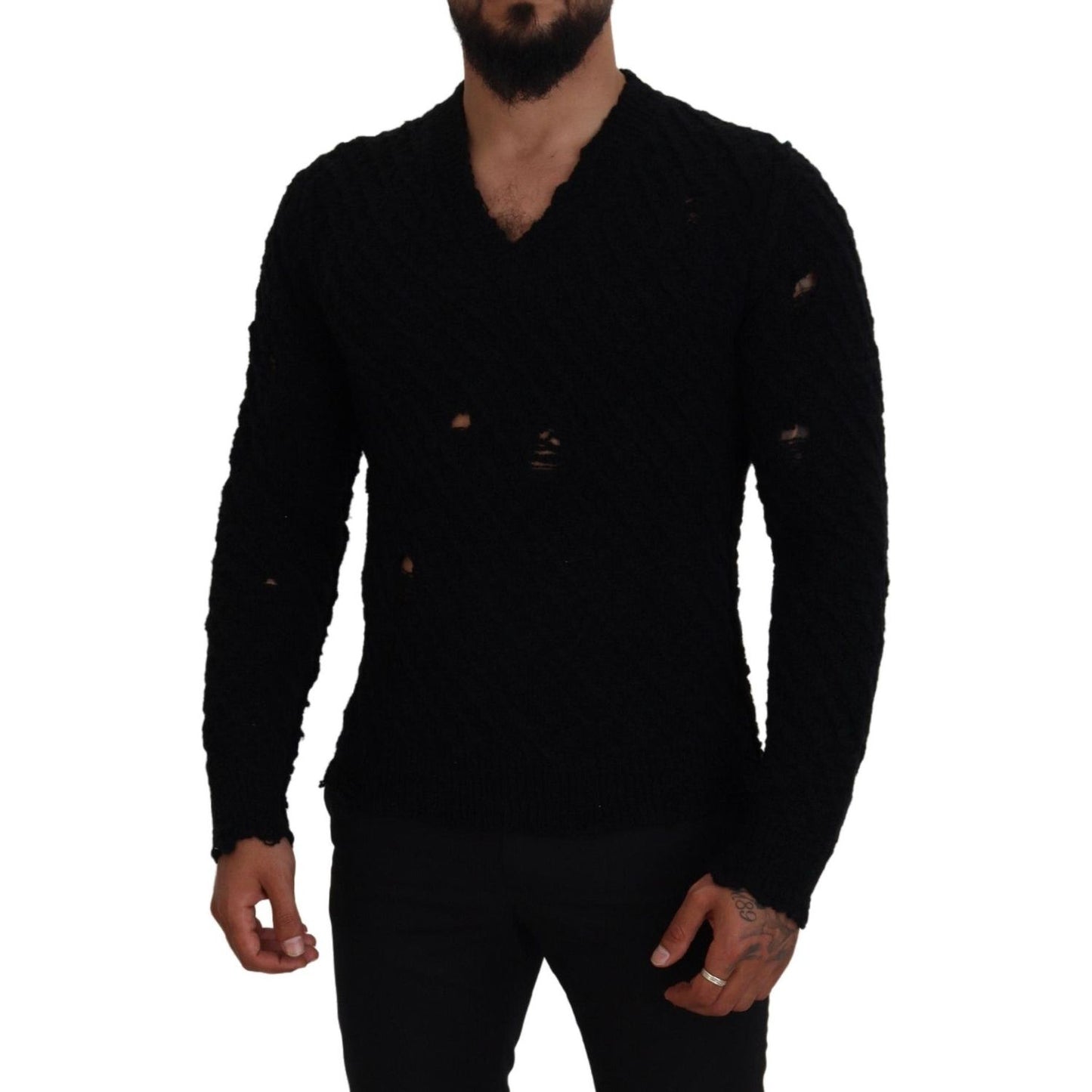 Dolce & Gabbana Black Wool V-neck Knitted Pullover Sweater TSH83648-44