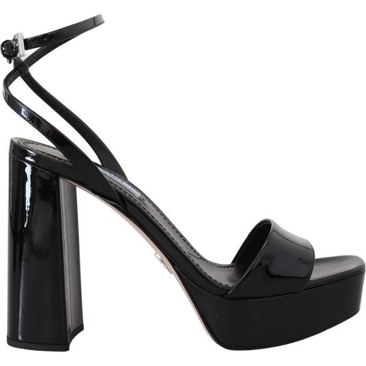 Prada Black Patent Sandals Ankle Strap Heels Leather