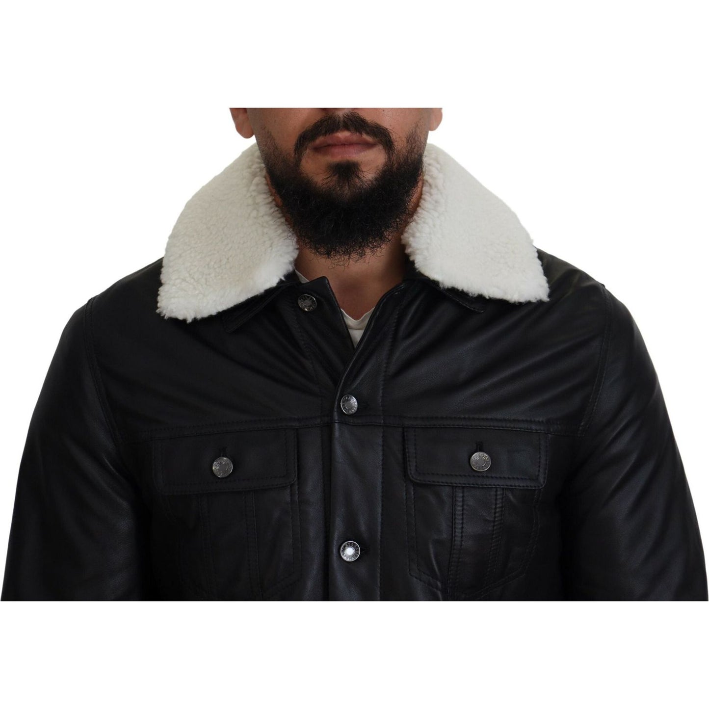Dolce & Gabbana Black Lamb Leather Collared Men Coat Jacket JKT3597-48