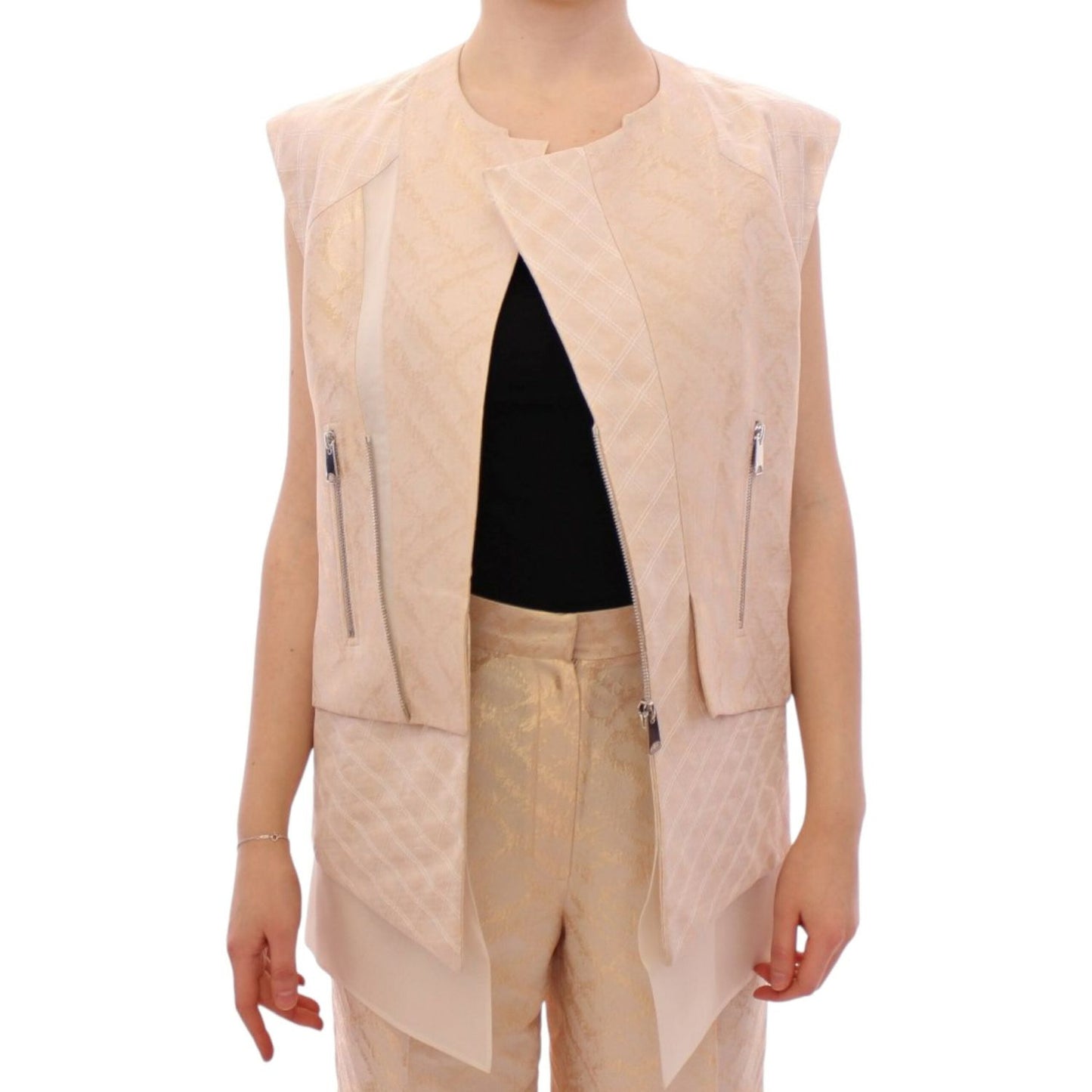 Zeyneptosun Beige brocade sleeveless jacket MOM10089-1