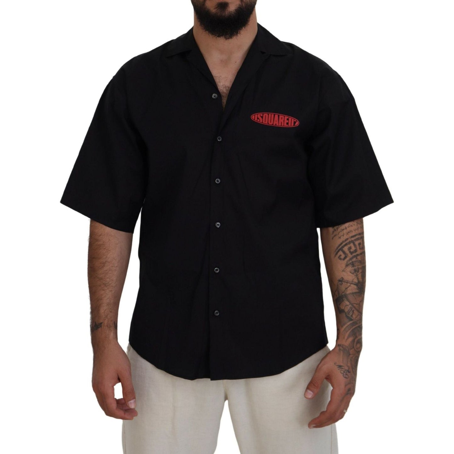 Dsquared² Black Cotton Collared Logo Print Short Sleeve Shirt