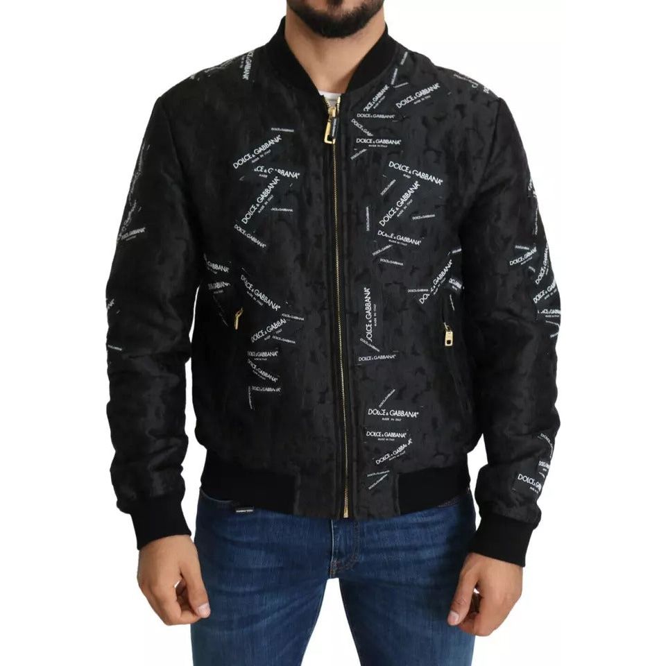 Dolce & Gabbana Black Logo Patch Brocade Bomber Full Zip Jacket JKT2698-52