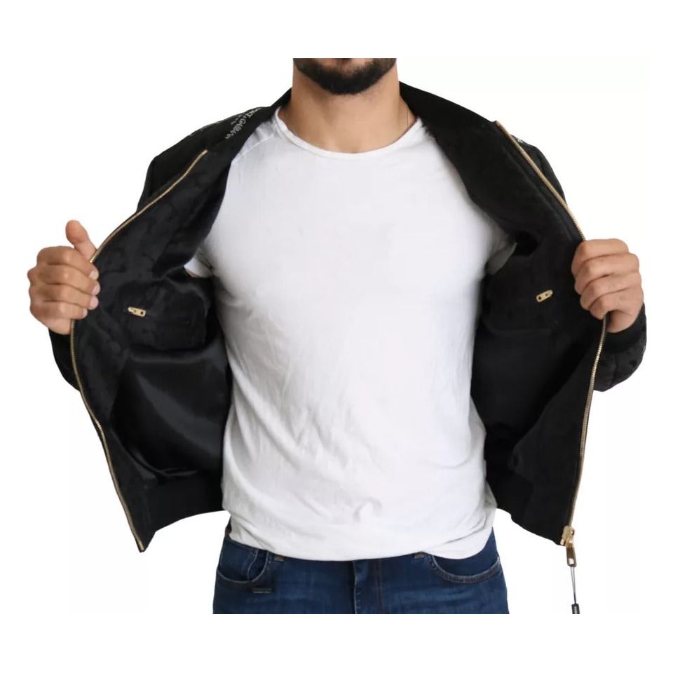 Dolce & Gabbana Black Logo Patch Brocade Bomber Full Zip Jacket JKT2698-52