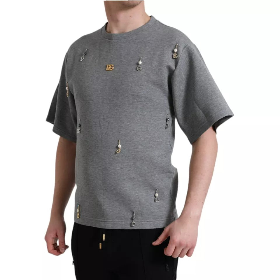 Dolce & Gabbana Gray Cotton Embellished Crew Neck T-shirt TSH84631-XS