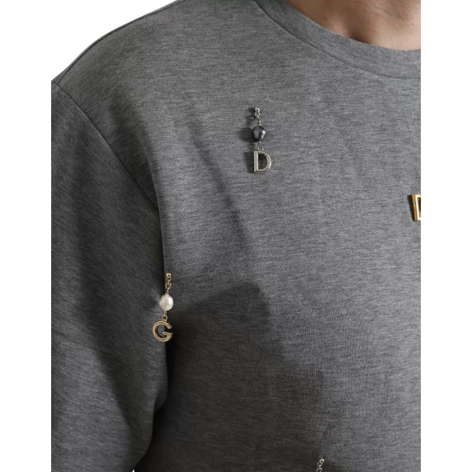 Dolce & Gabbana Gray Cotton Embellished Crew Neck T-shirt TSH84631-XS
