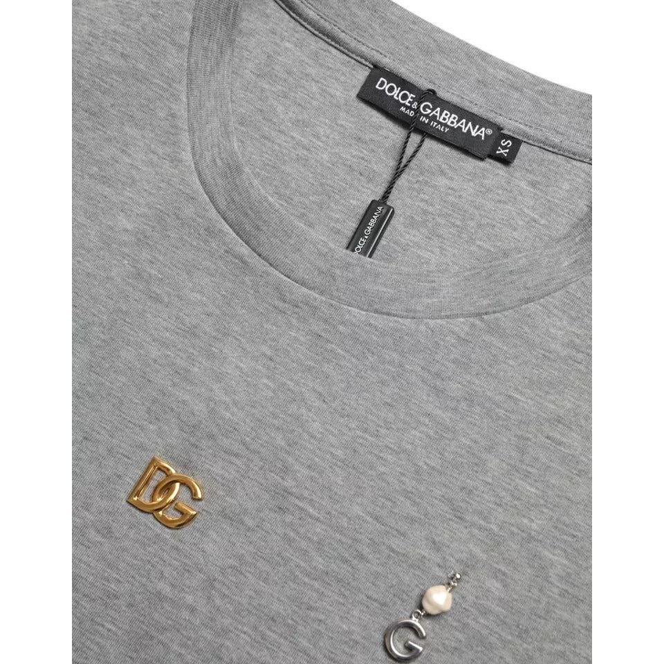 Dolce & Gabbana Gray Cotton Embellished Crew Neck T-shirt TSH84631-XS