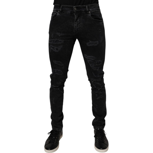 Dolce & Gabbana Black Tattered Cotton Skinny Men Denim Jeans