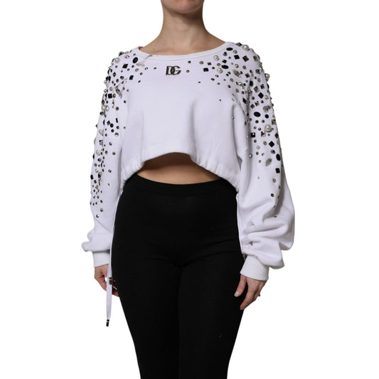Dolce & Gabbana White Embellished Long Sleeve Cropped Sweater