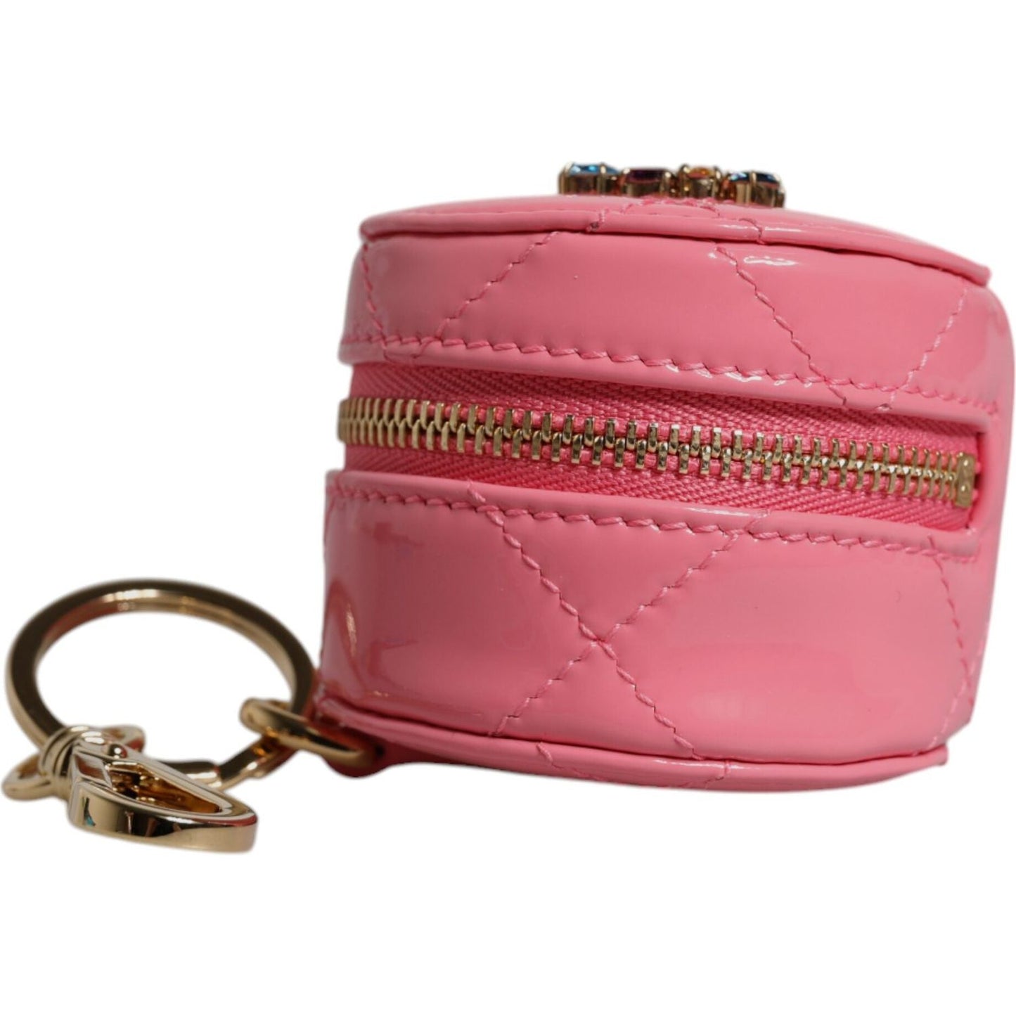 Dolce & Gabbana Pink Lamb Leather DG Crystal Round Coin Purse Wallet BAG4271