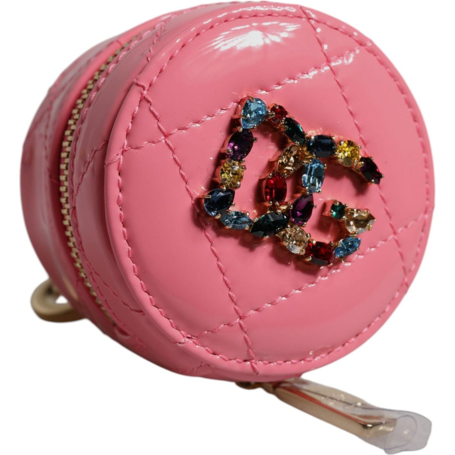Dolce & Gabbana Pink Lamb Leather DG Crystal Round Coin Purse Wallet BAG4271
