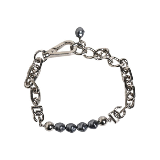 Dolce & Gabbana Silver Tone Chain Lobster Clasp Logo Gray Pearls Bracelet