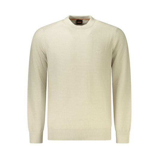 Hugo Boss Beige Cotton Men Sweater with long sleeves and crew neck, featuring subtle logo for a stylish, modern look in soft cotton and cashmere blend.