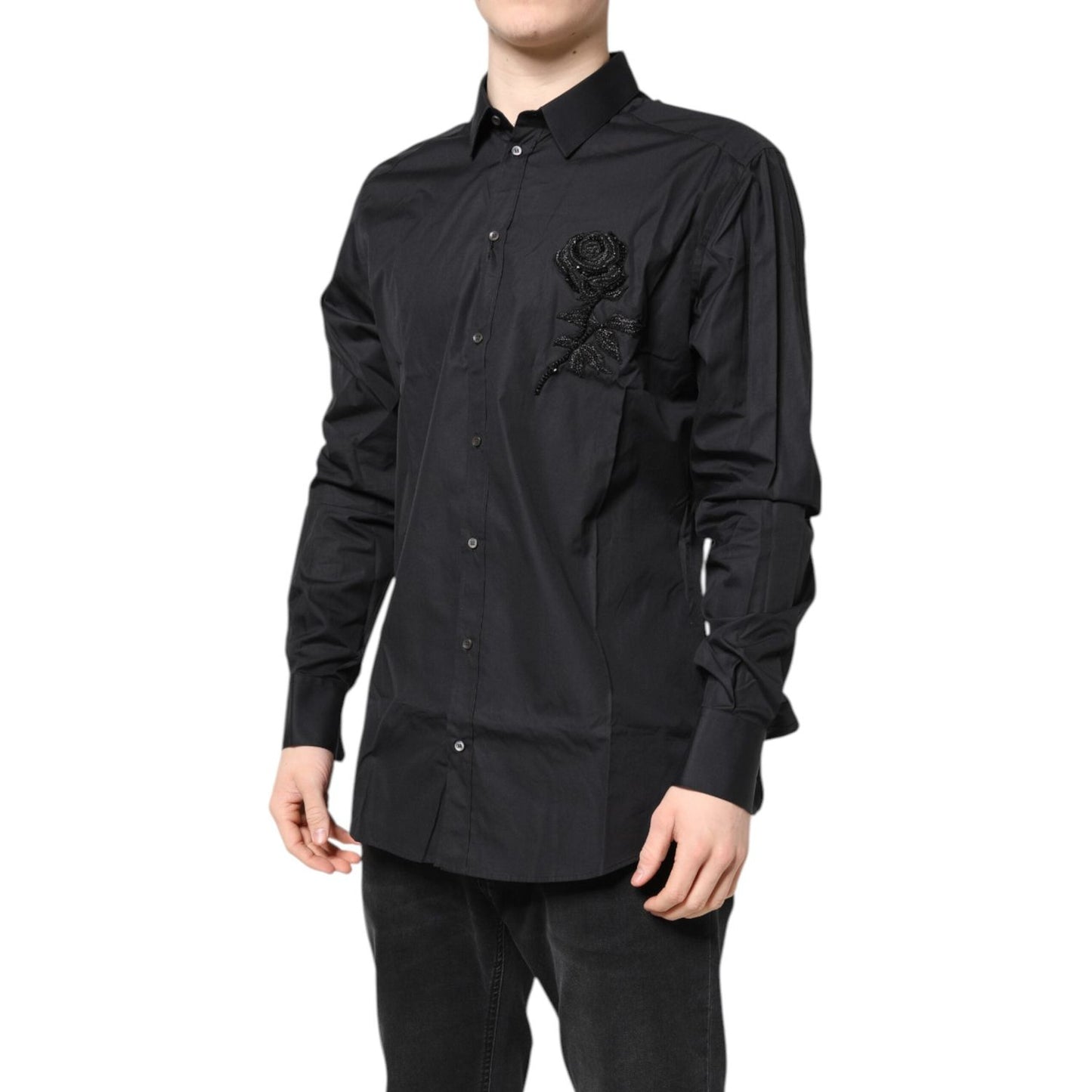 Dolce & Gabbana Black Floral Gold Cotton Dress Formal Shirt TSH87825-43