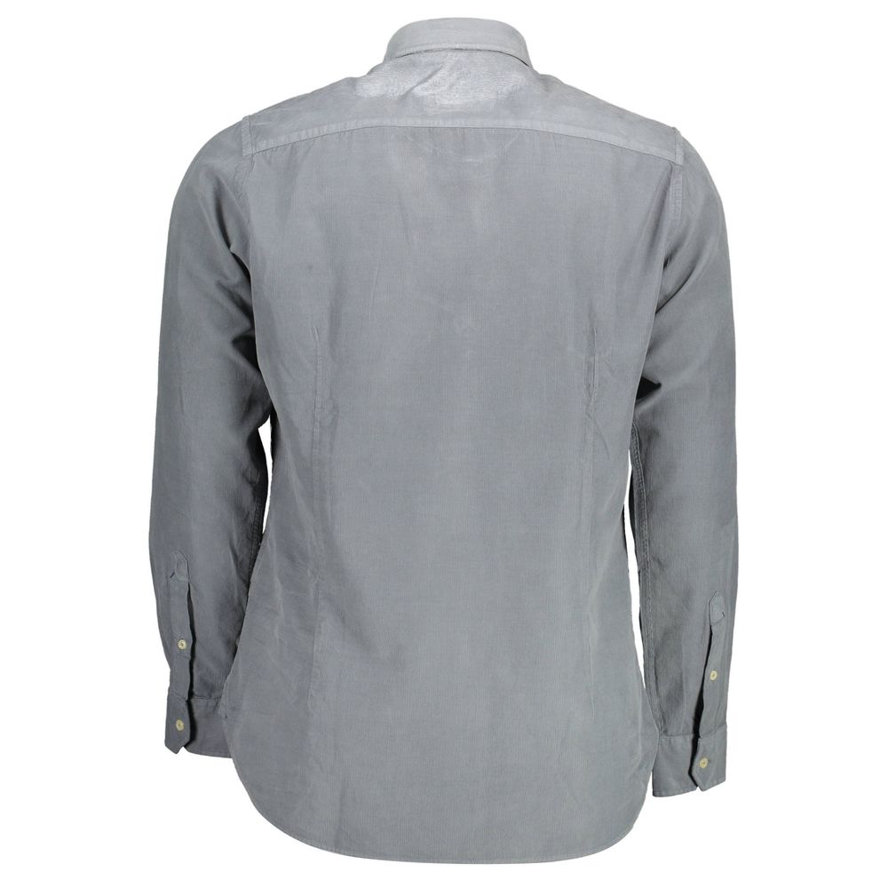 Back view of U.S. POLO ASSN. Blue Cotton Men Shirt, showcasing slim fit design and single-button cuffs for modern style.