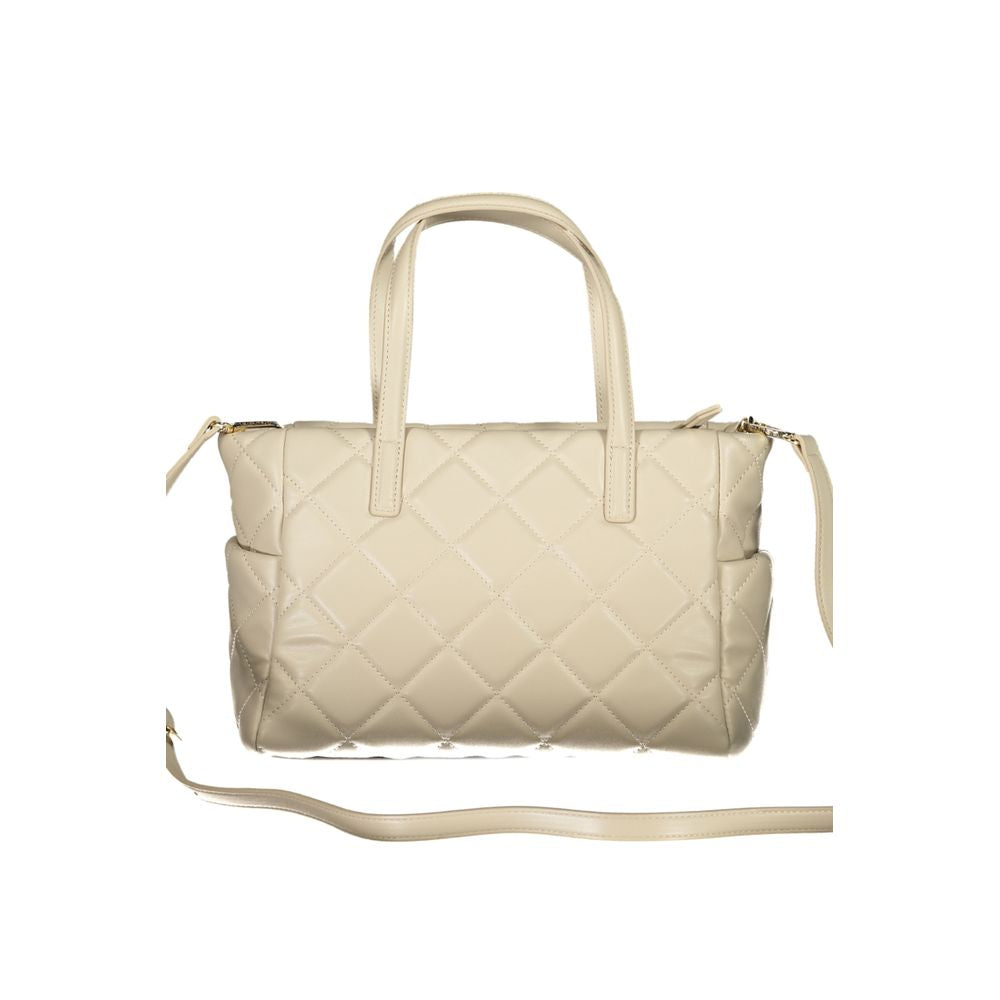 Mario Valentino Beige Polyethylene Handbag with adjustable strap, multiple pockets, logo, and zip closure.