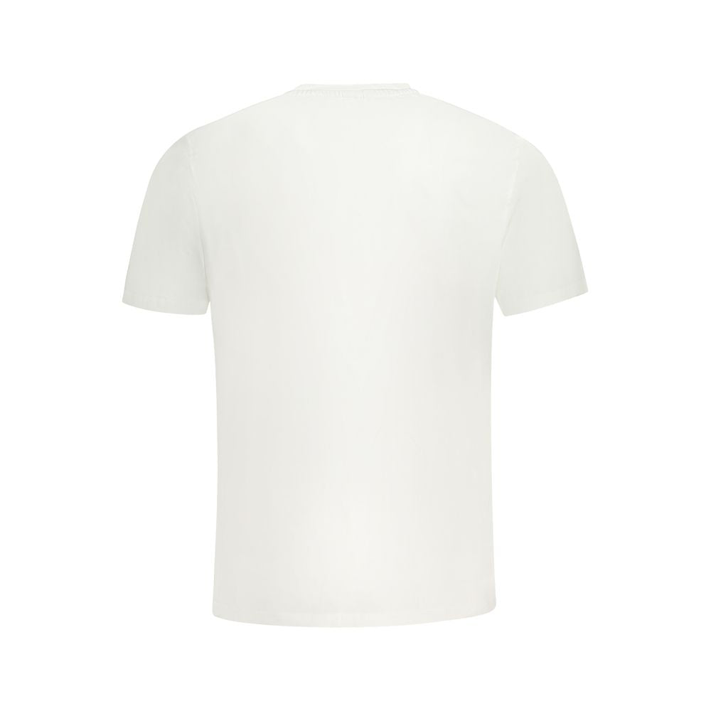 Back view of North Sails White Cotton Men T-Shirt with short sleeves, iconic logo, and a trendy design for stylish casual wear.