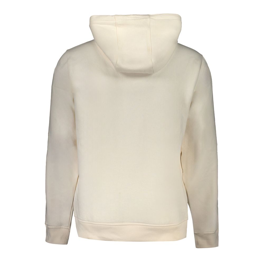Back view of Tommy Hilfiger White Cotton Men Sweater with hood, highlighting its sustainable cotton fabric and cozy design.