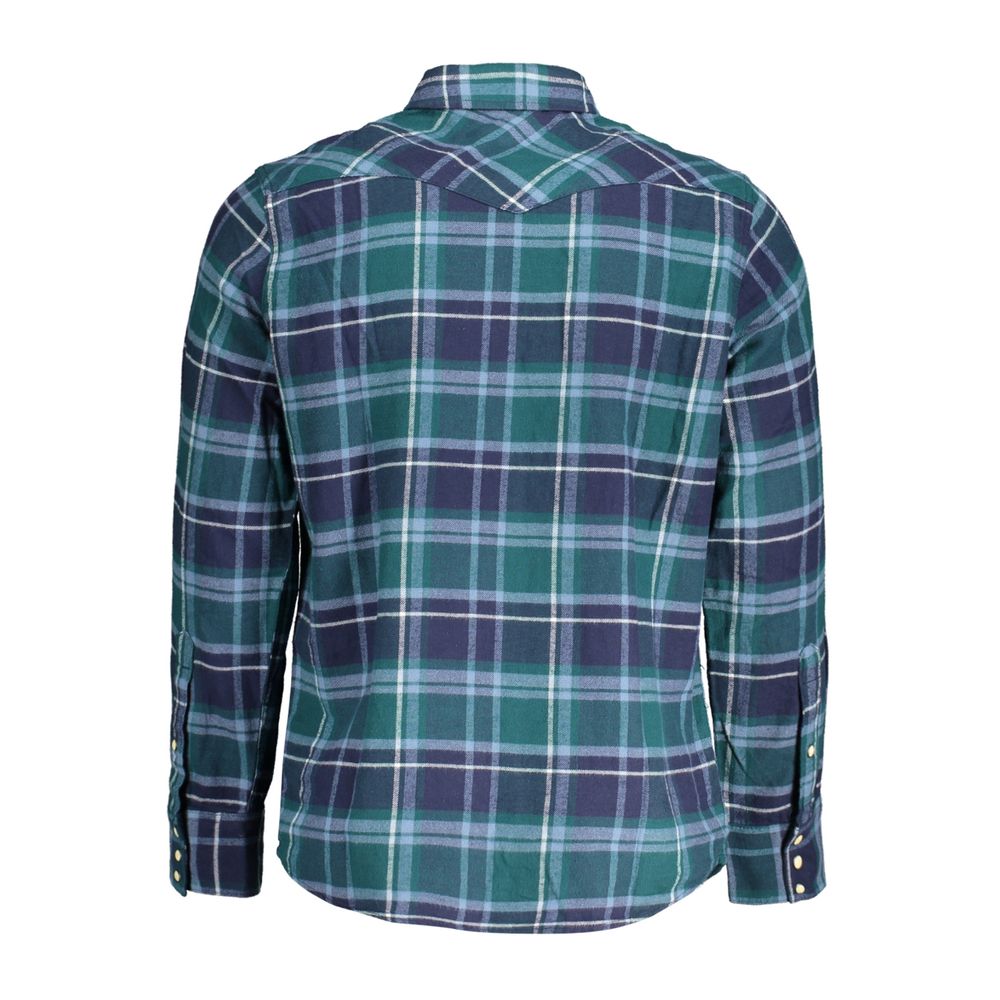 Back view of Wrangler Green Cotton Shirt with long sleeves, Italian collar, Scottish flannel pattern, automatic button cuffs and pockets.