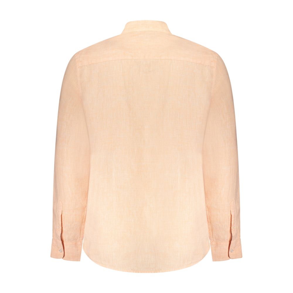 Back view of North Sails Pink Linen Shirt with long sleeves and Korean collar featuring embroidery and logo, eco-friendly design.