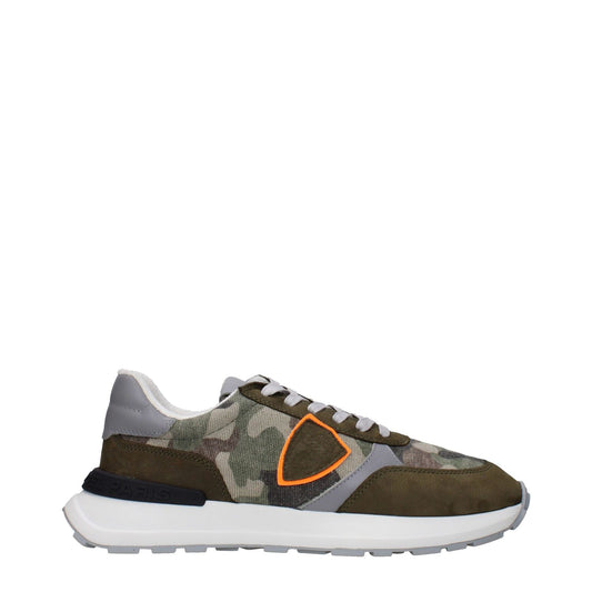 Alt Tag: Philippe Model Green Fabric Chunky Sneakers with logos and camo design, side view showing front, back, and side details.