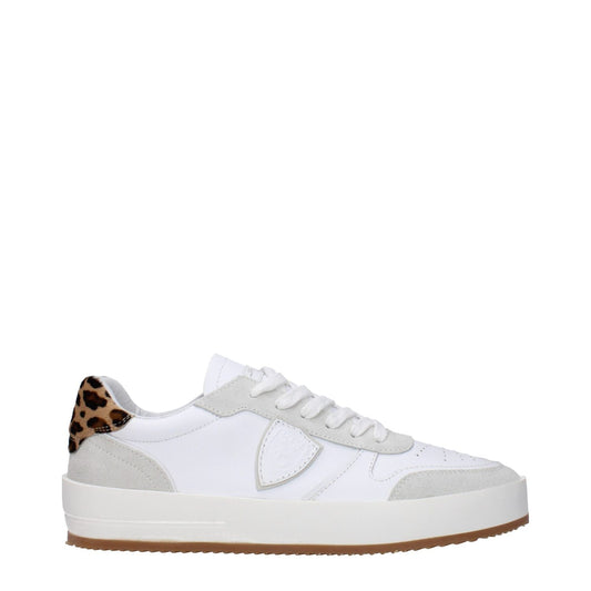 Philippe Model White Leather Low Top Sneakers featuring a front logo and vintage effect style in white leather with leopard detail.