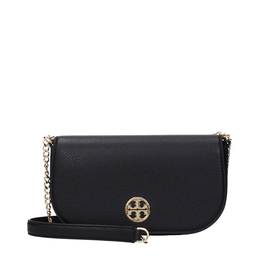 Tory Burch Black Leather Crossbody Bag with gold logo and chain strap, small casual style with magnetic closure.