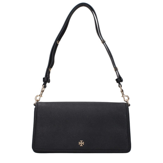Tory Burch Black Leather Shoulder Bag with front logo, adjustable and removable handles, and inner pocket divider.