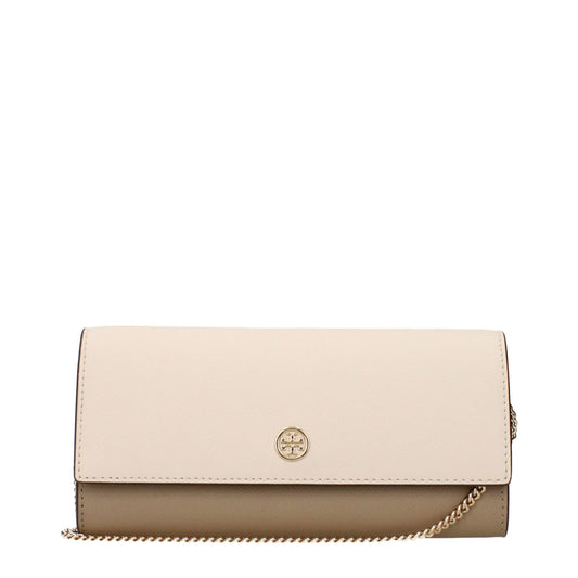Tory Burch Beige Leather Clutch Bag with front logo and removable shoulder chain