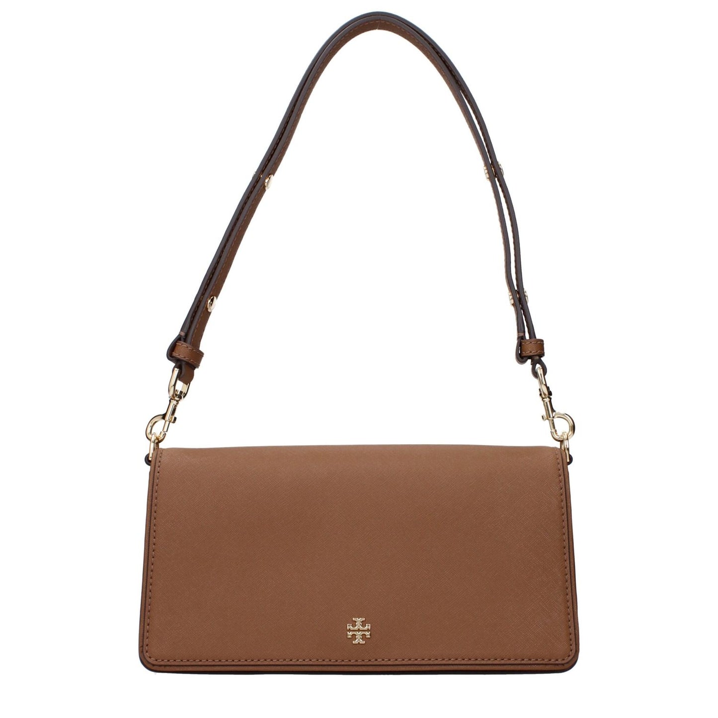 Tory Burch Brown Leather Shoulder Bag with front logo, divider inner pocket, adjustable and removable handles.