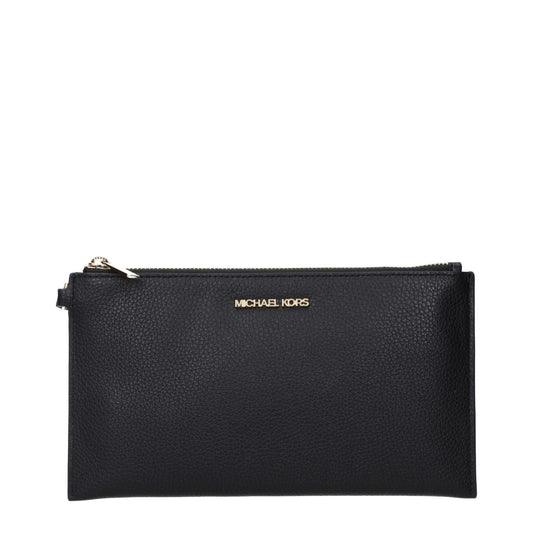 Michael Kors Black Leather Clutch Bag with front logo, perfect for elegant occasions.