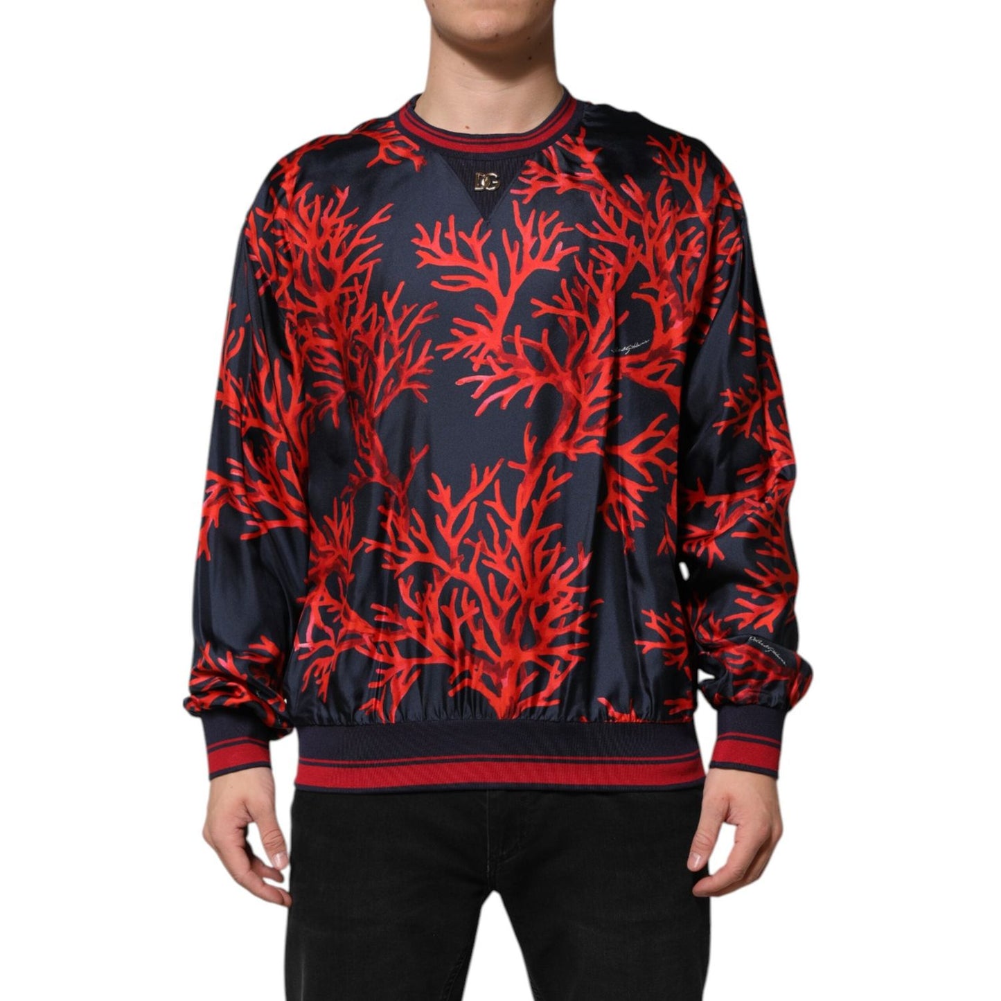 Dolce & Gabbana Navy Red Silk Coral Print Pullover Sweater TSH90635-52