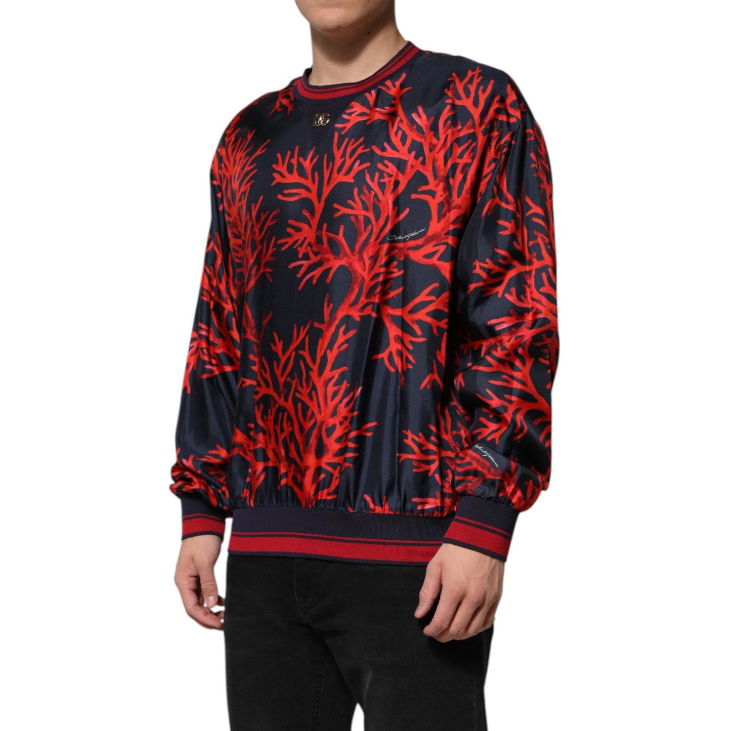 Dolce & Gabbana Navy Red Silk Coral Print Pullover Sweater TSH90635-52