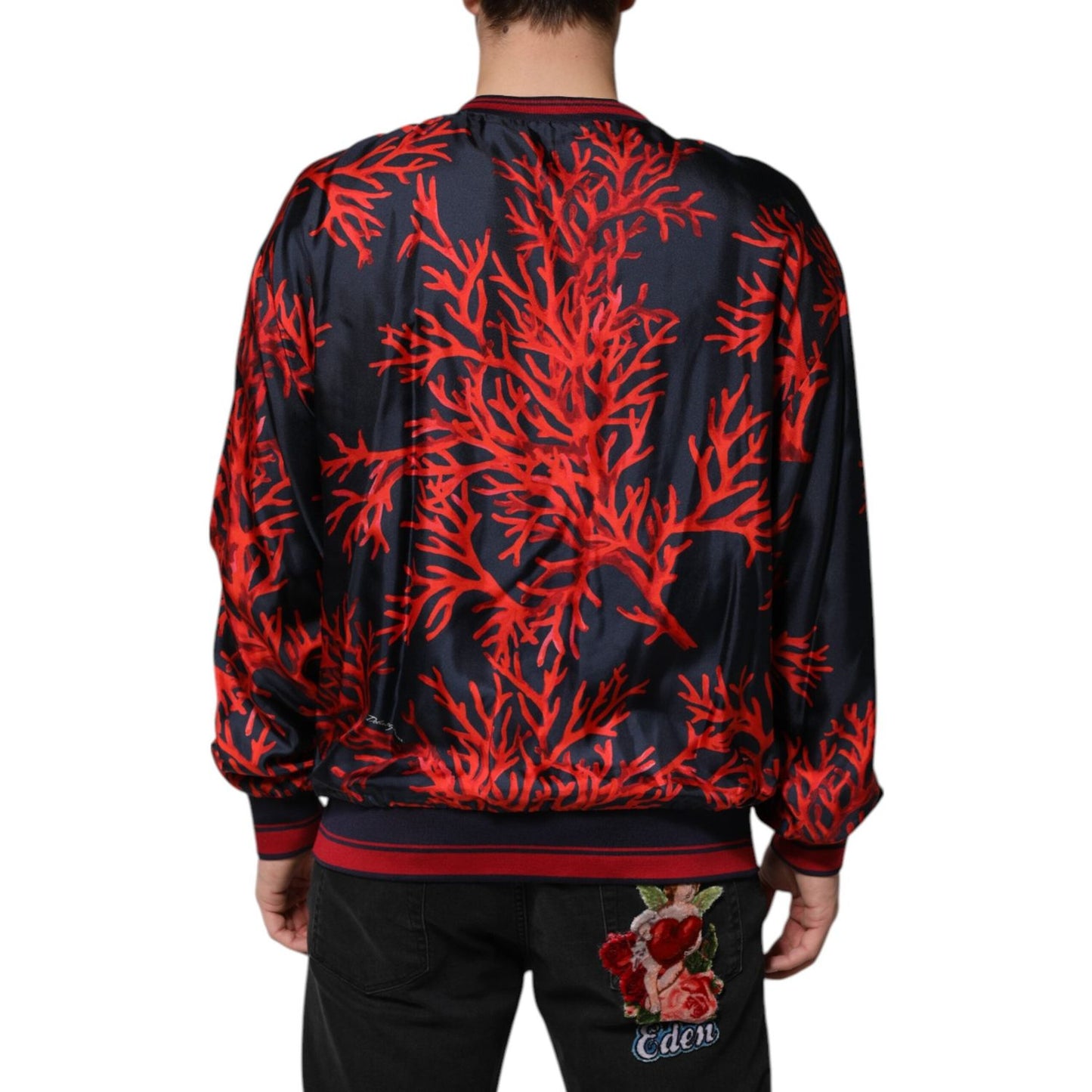 Dolce & Gabbana Navy Red Silk Coral Print Pullover Sweater TSH90635-52
