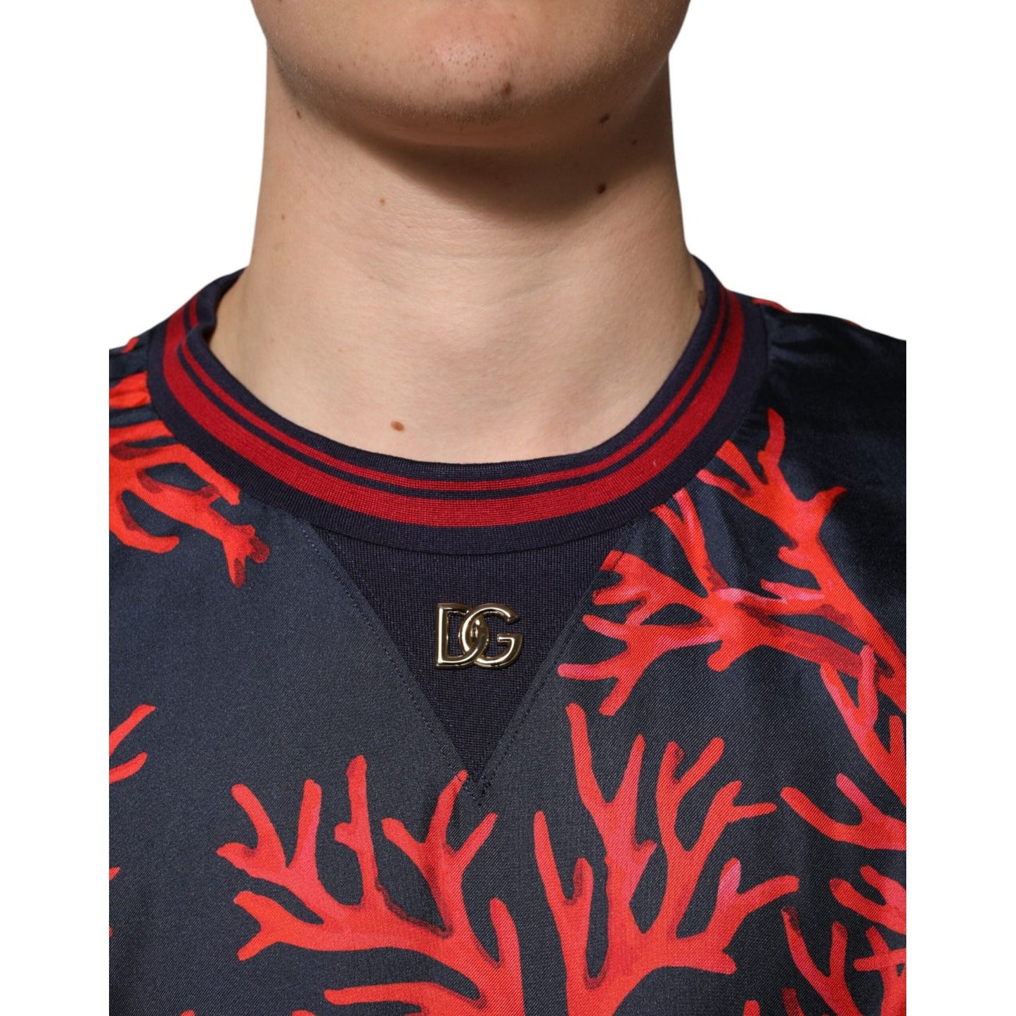 Dolce & Gabbana Navy Red Silk Coral Print Pullover Sweater TSH90635-52