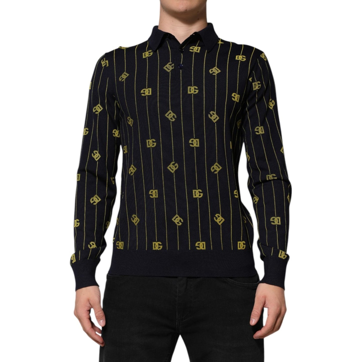 Dolce & Gabbana Black Logo Jacquard Knitted Polo Shirt T-shirt TSH91202-48