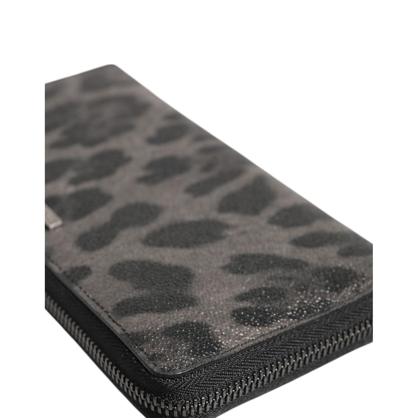 Dolce & Gabbana Black Gray Leopard Leather Zip Around Continental Wallet BAG4691