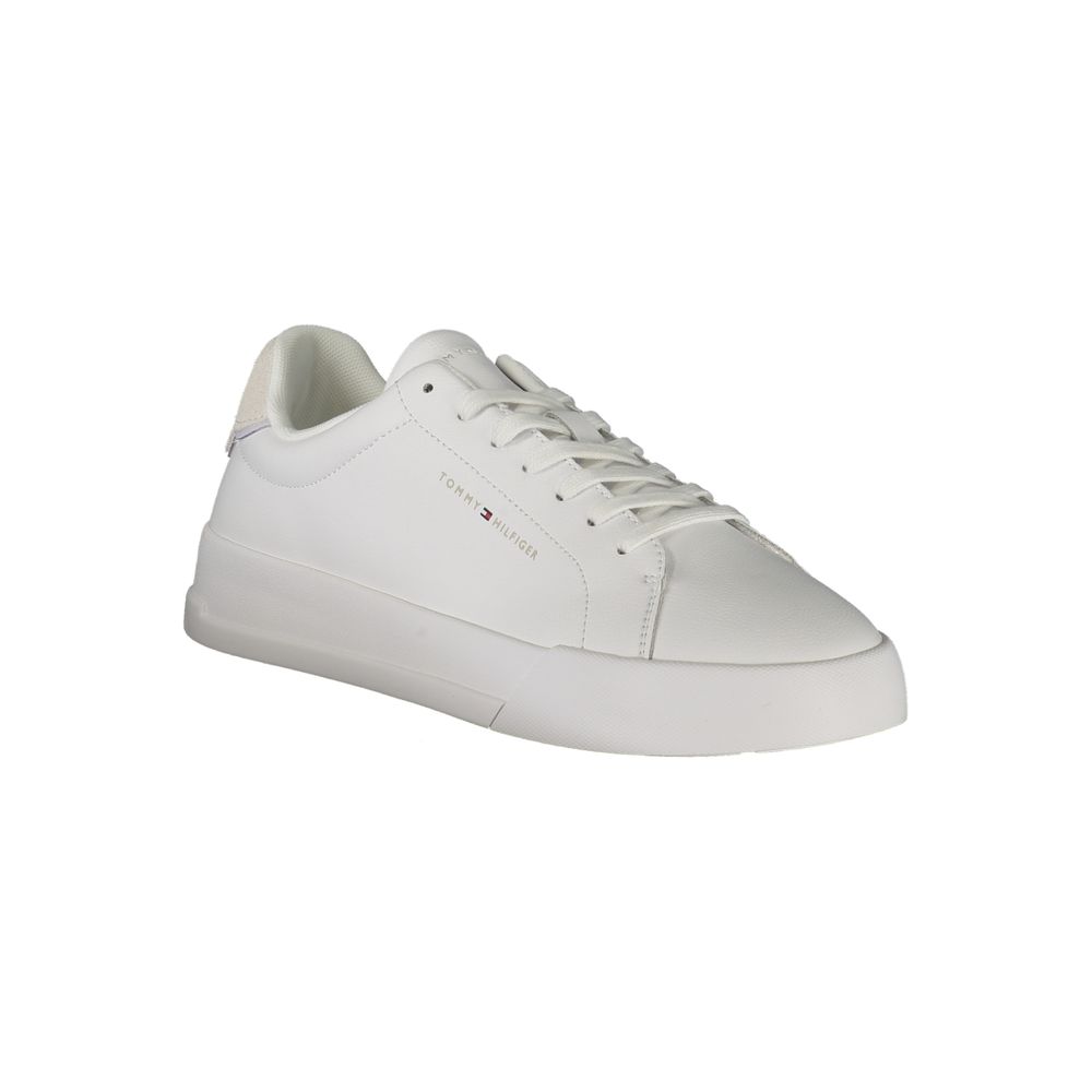Tommy Hilfiger White Leather Men Sneaker with grey accents and brand logo, showcasing casual sophistication and timeless appeal.