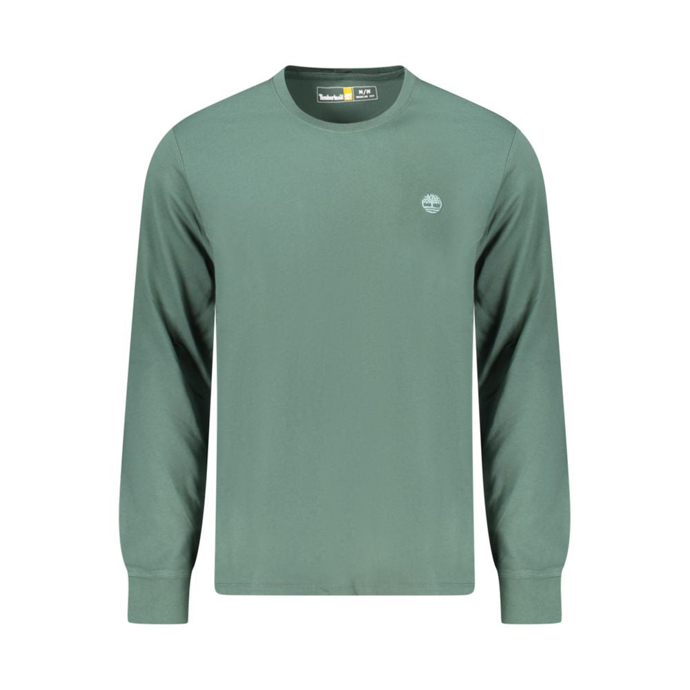 Timberland Green Cotton Men T-Shirt with logo, long sleeves, crew neck, showcasing stylish embroidery, perfect for casual wear.