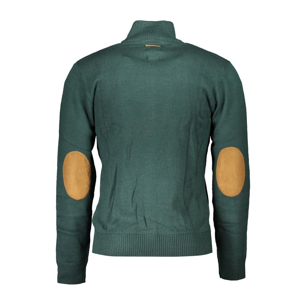 Back view of Gianmarco Venturi Green Cotton Sweater with long sleeves, pockets, zip, embroidery, logo, and contrast elbow patches.