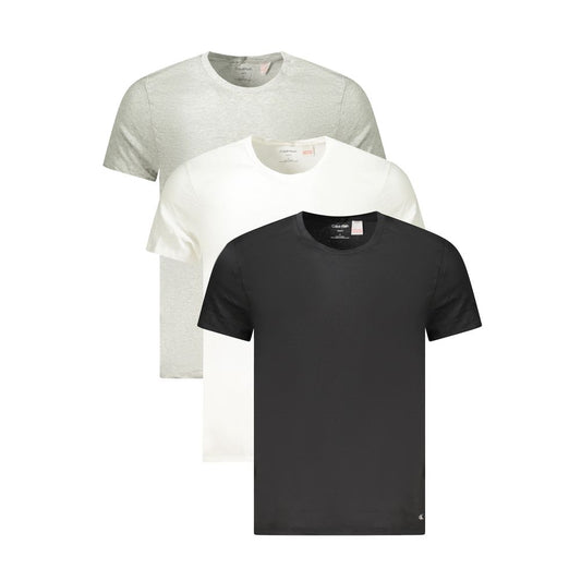 Calvin Klein Gray Cotton Men T-Shirt tri-pack featuring versatile white, grey, black tees with logo.
