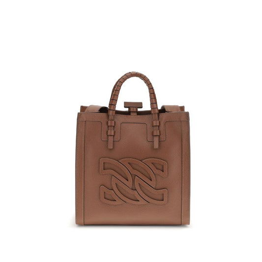 Casadei Brown Calf Leather Bos Taurus Shoulder Bag with embossed logo, tubular handles, and adjustable strap.