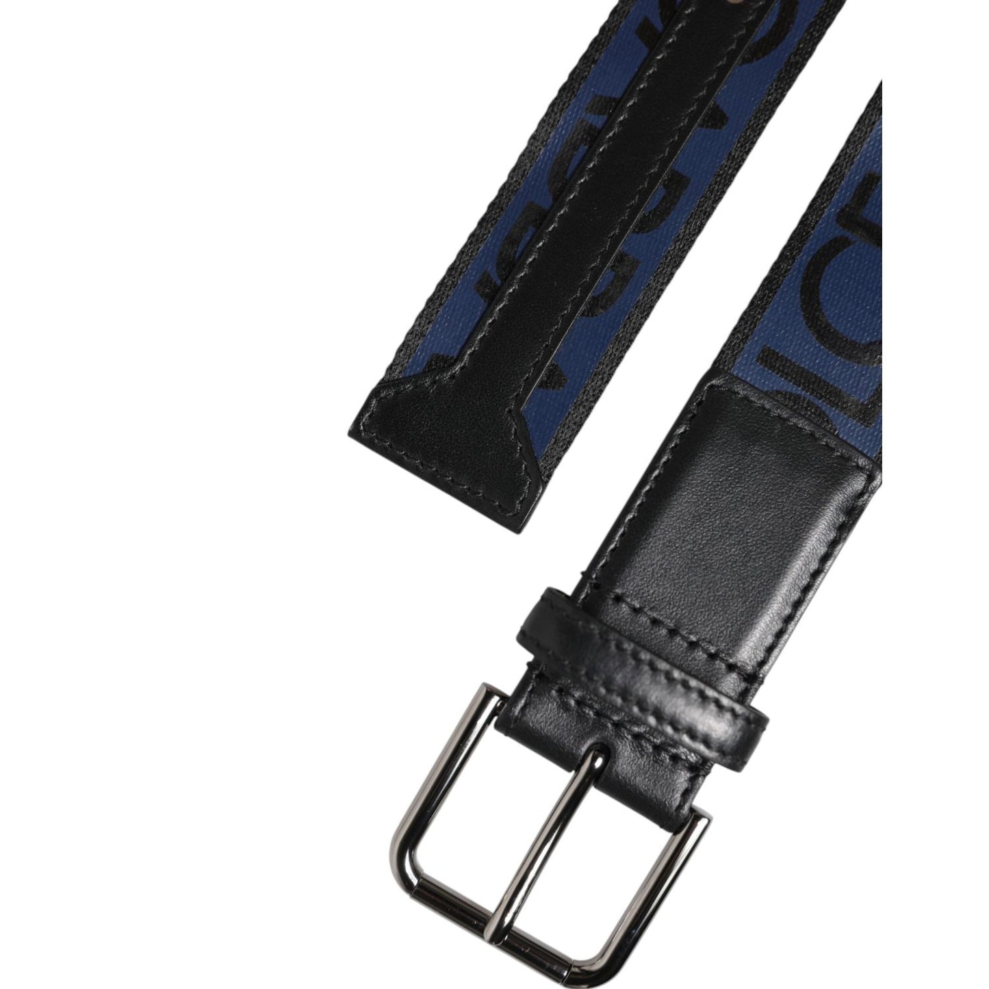 Dolce & Gabbana Black Blue DG Logo Silver Metal Buckle Belt BEL9600-95