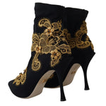 Dolce & Gabbana Black Gold Embroidery Crystal Boots Shoes LA12411-35.5