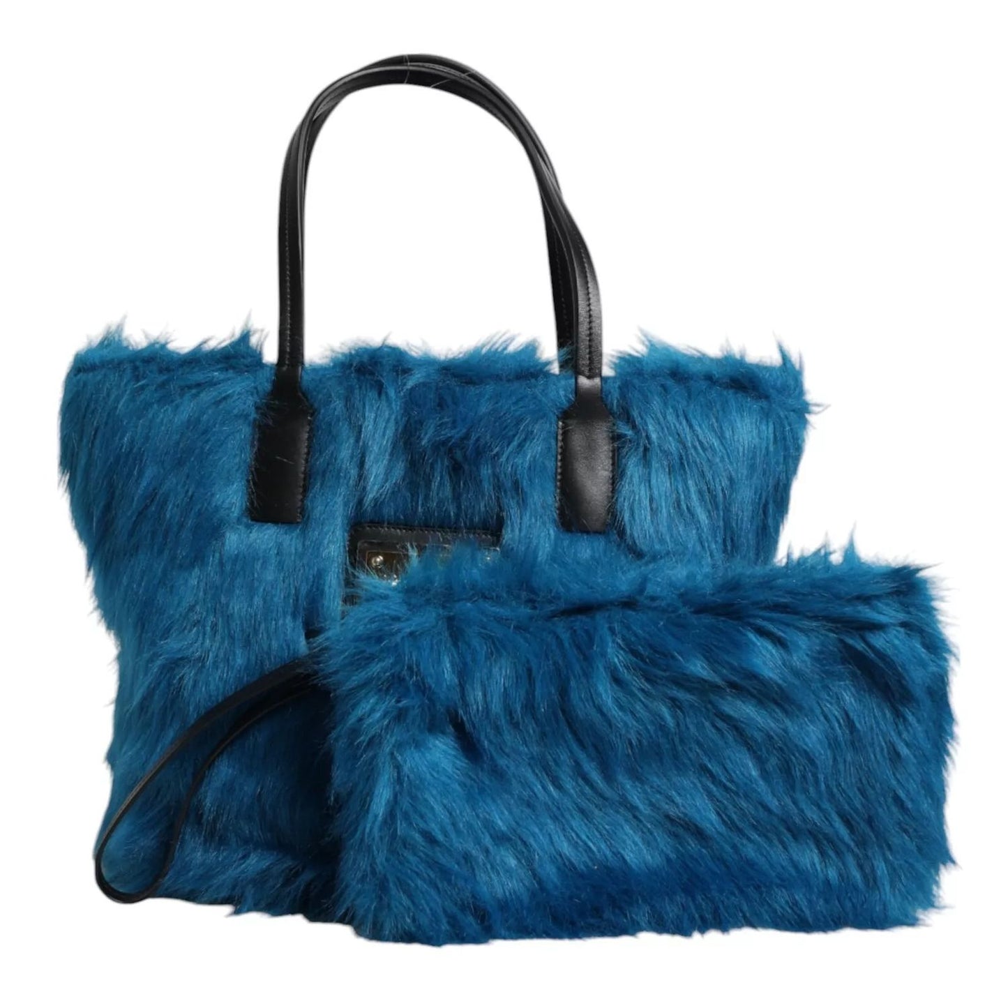 Dolce & Gabbana Blue Fur Logo Plaque Double Handle Shoulder Bag with matching pouch, featuring black leather handles, made in Italy.