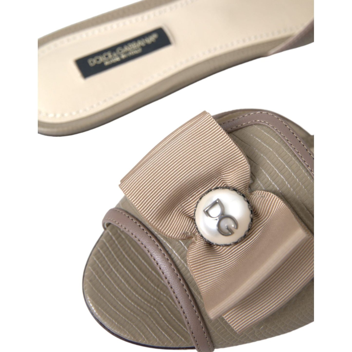 Dolce & Gabbana Beige Logo Pearl Flats Sandals Slides Shoes LA10971-35
